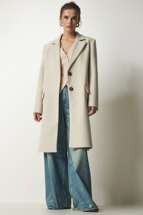 Happiness İstanbul Щастие İstanbul Дамски крем двуреден яка закопчана каше палто