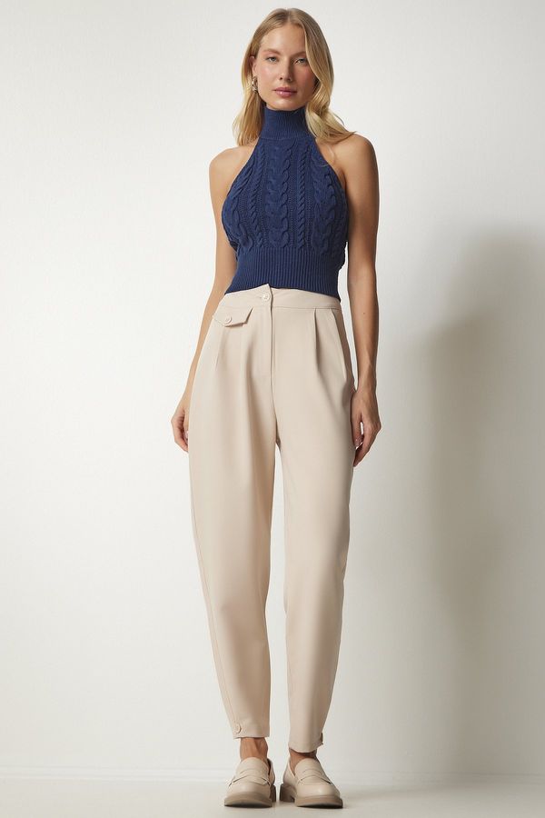 Happiness İstanbul Щастие İstanbul Дамски крем крака с копчета, стилни тъкани панталони