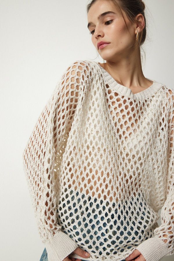 Happiness İstanbul Щастие İstanbul Дамски крем прилеп ръкав трикотаж пуловер