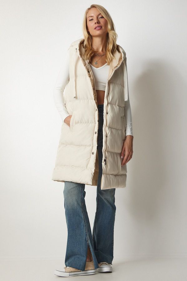 Happiness İstanbul Щастие İstanbul Дамски крем с качулка дълга надуваема жилетка