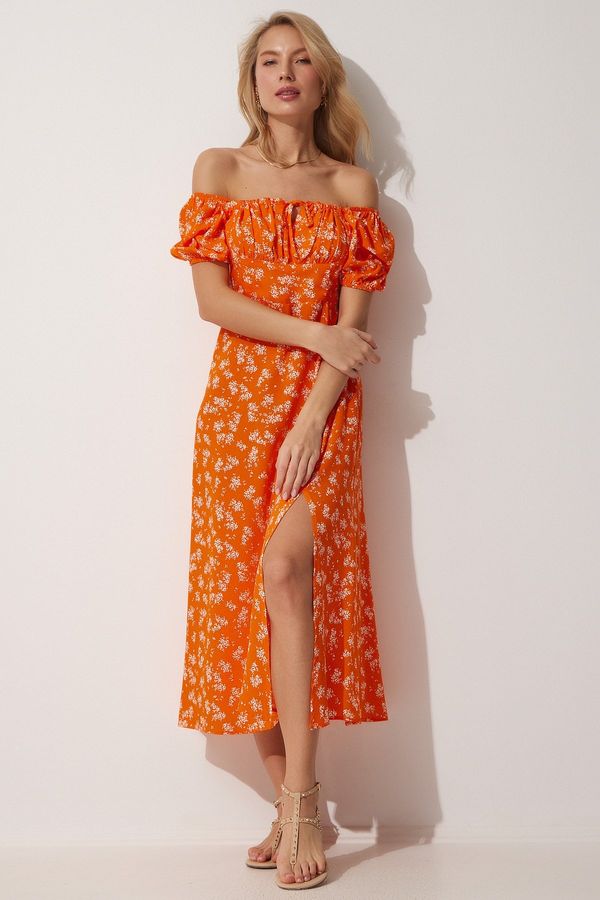 Happiness İstanbul Щастие İstanbul Дамски оранжеви Кармен яка флорални летни вискоза рокля