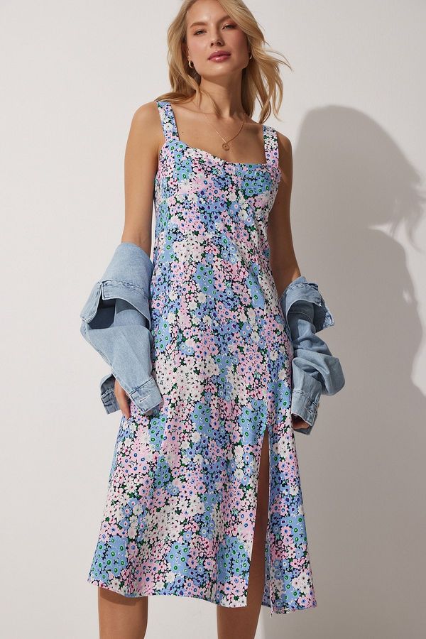 Happiness İstanbul Щастие İstanbul Дамски розов син площад яка флорални летни вискоза рокля