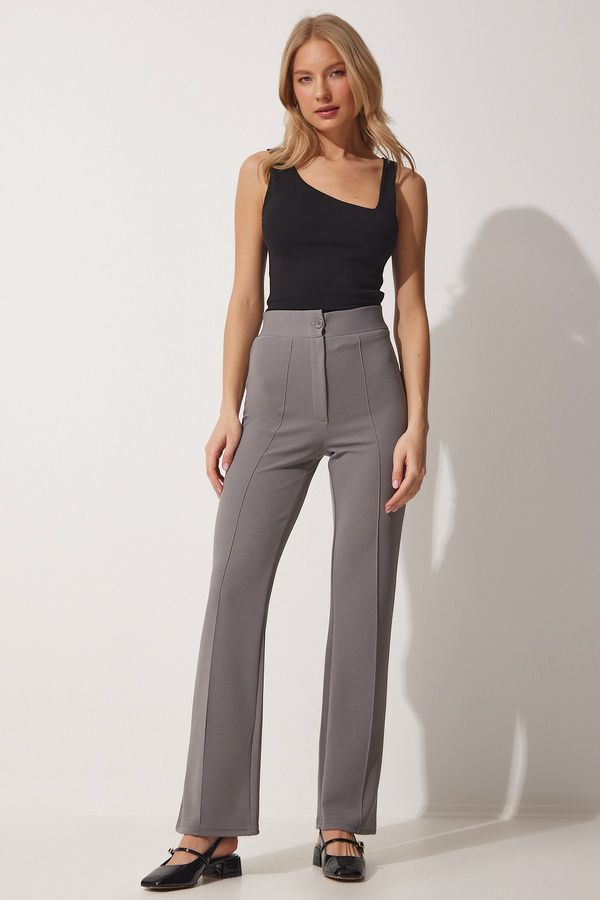 Happiness İstanbul Щастие İstanbul дамски сив висока талия ликра случайни трикотажни панталони