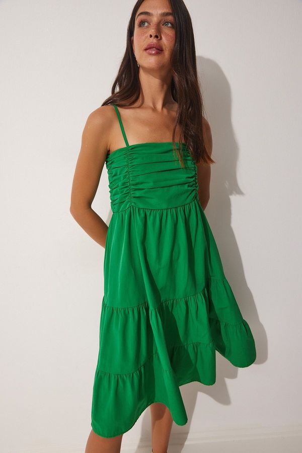Happiness İstanbul Щастие İstanbul Дамски зелени презрамки, къдри лятна рокля от поплин