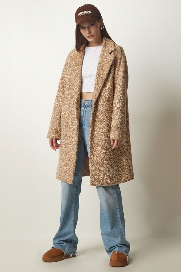 Happiness İstanbul Щастие İstanbul жените бисквити двуреден яка джоб Boucle палто