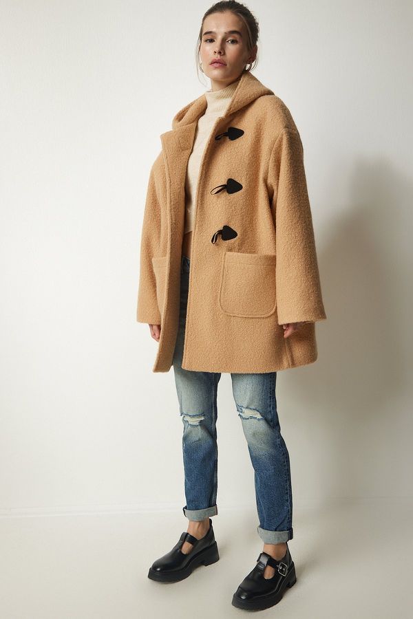 Happiness İstanbul Щастие İstanbul жените бисквити овчар бутон качулка Boucle палто