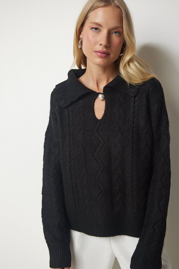 Happiness İstanbul Щастие İstanbul жените черна перла закопчана модел трикотаж пуловер