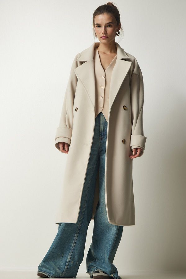 Happiness İstanbul Щастие İstanbul жените крем двуреден врата колан извънгабаритни кашета палто