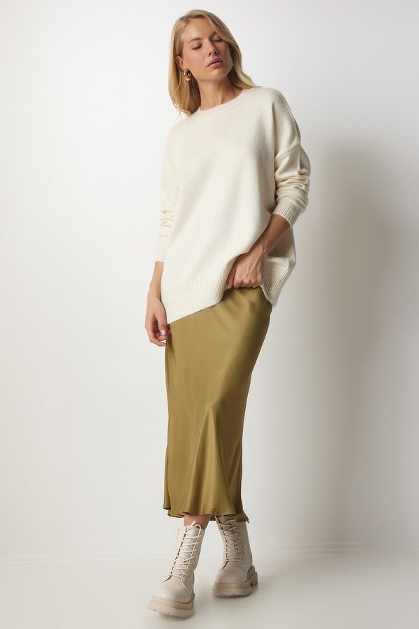 Happiness İstanbul Щастие İstanbul жените крем екипажа врата извънгабаритни трикотаж пуловер