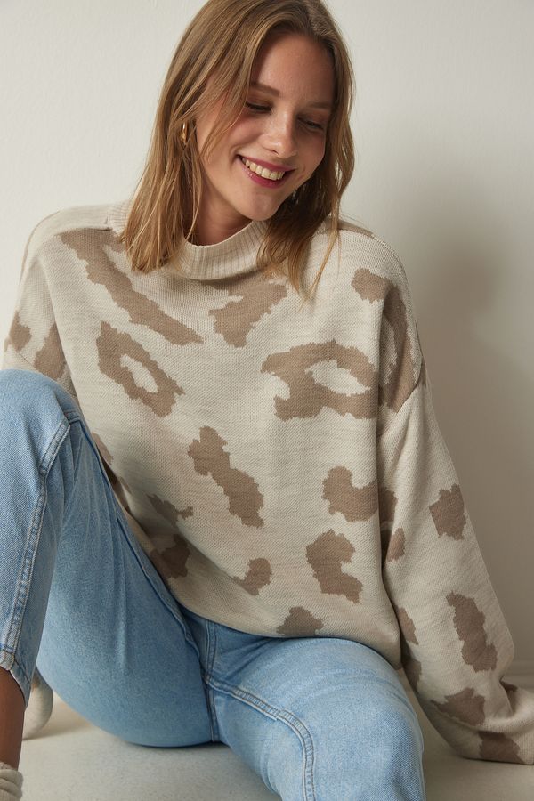 Happiness İstanbul Щастие İstanbul жените крем шарени високо деколте дебел трикотаж пуловер