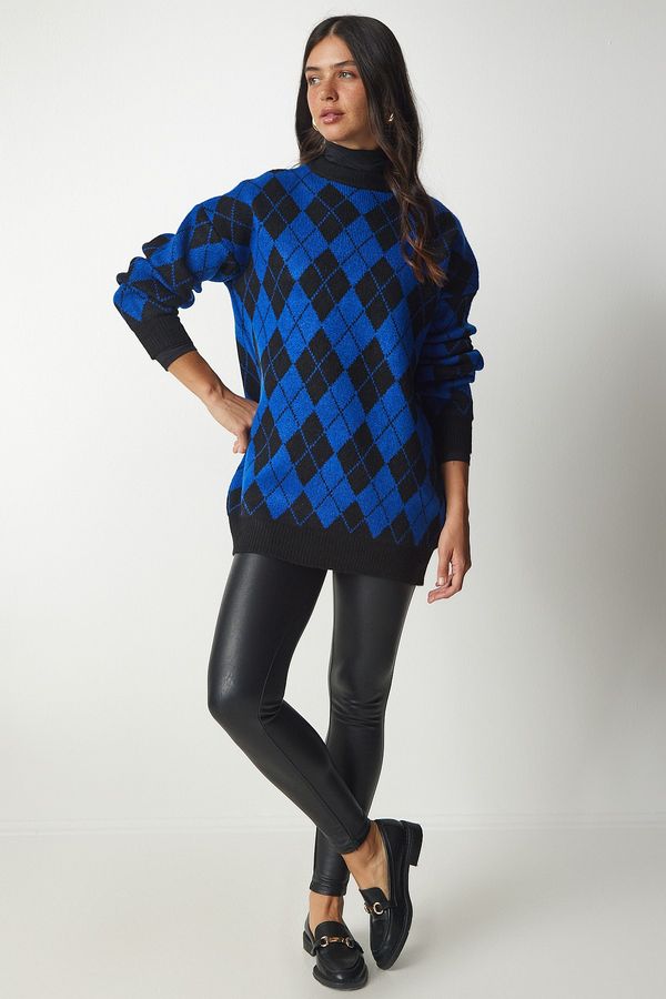 Happiness İstanbul Щастие İstanbul жените син диамант модел извънгабаритни трикотаж пуловер