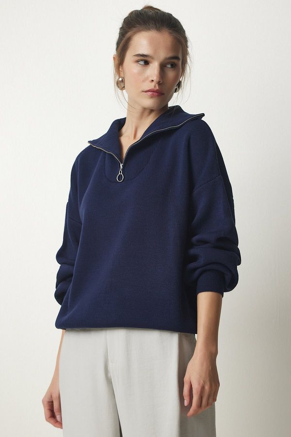 Happiness İstanbul Щастие İstanbul жените тъмносин цип яка основни трикотаж пуловер