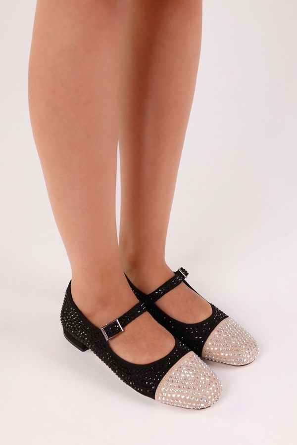 Shoeberry Shoeberry Women's Crystal Black-Skin Flats with Stones Black-Skin