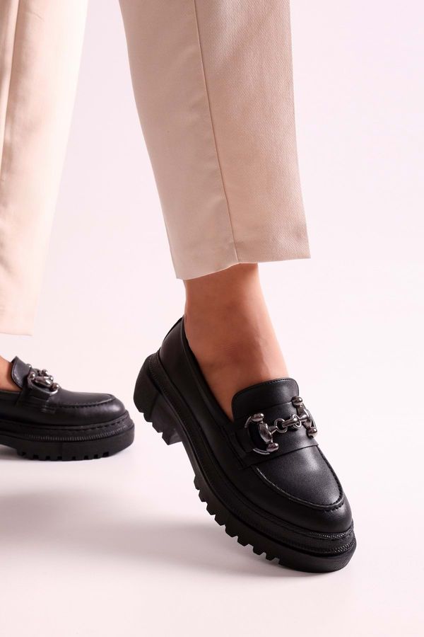Shoeberry Shoeberry Women's Rex Black Skin Loafers with Thick Soles and Buckles. Black Skin.