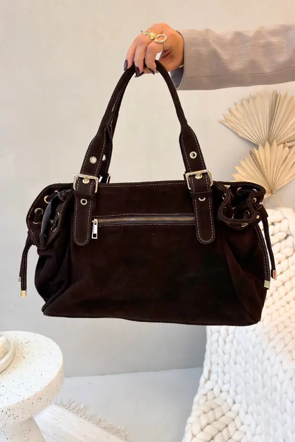 Boto Шоколадова чанта от велур от кожа Ilienne