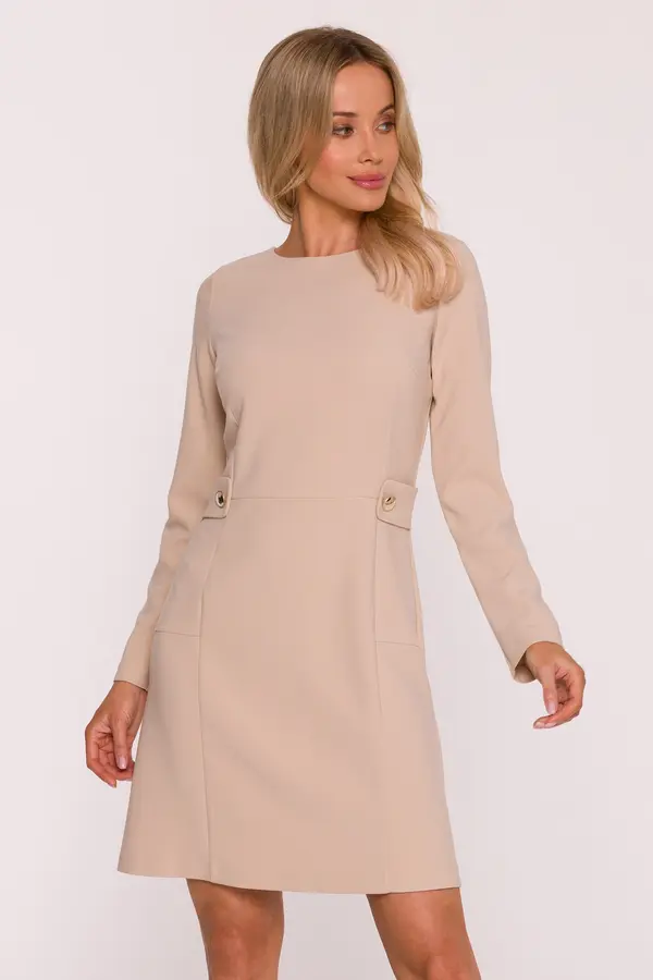 Stylove Stylove Woman's A-line mini dress with long sleeves - beige