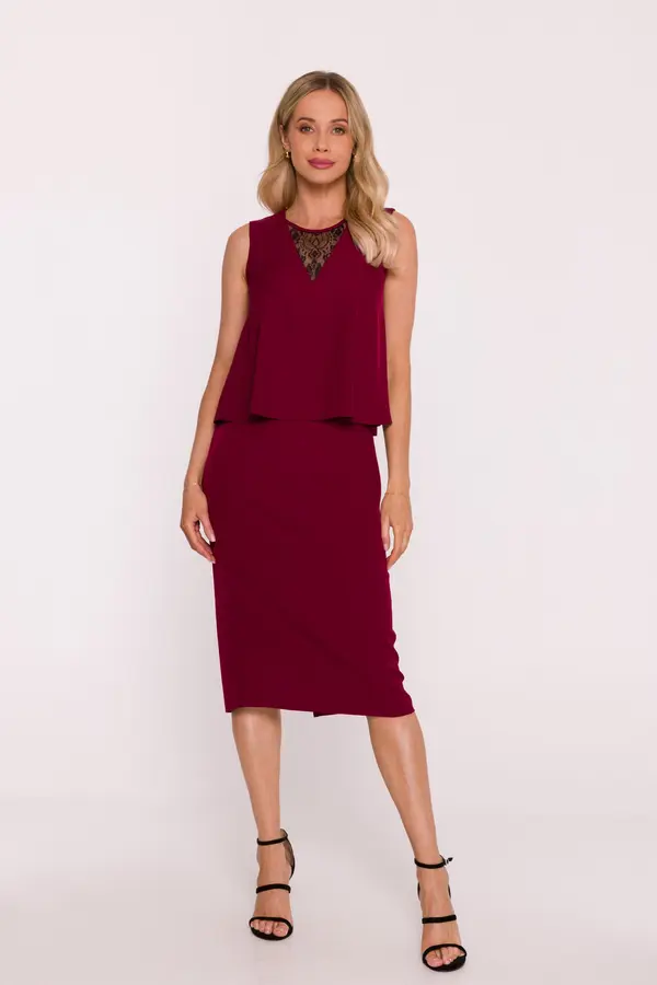 Stylove Stylove Woman's Elegant dress with a double-layered top and lace insert - maroon
