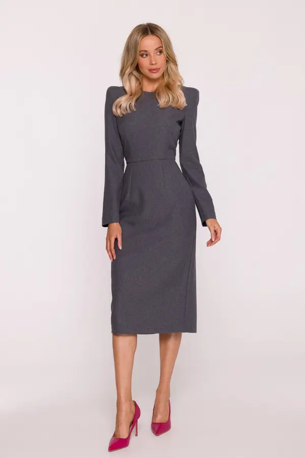 Stylove Stylove Woman's Midi pencil dress with decorative shoulders - grey