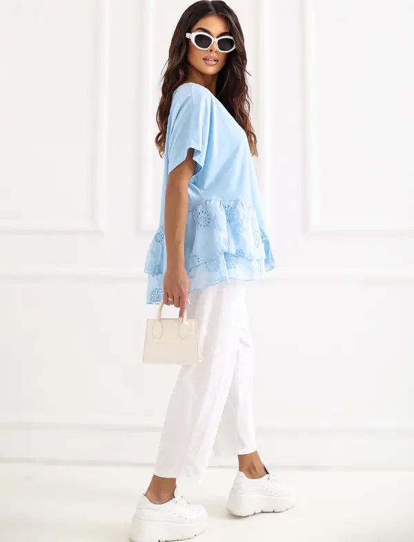 Italy Moda Светлосиня памучна блуза в бохо стил