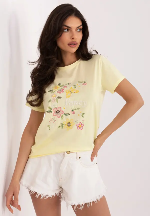 Italy Moda Светложълта дамска тениска с бродерия