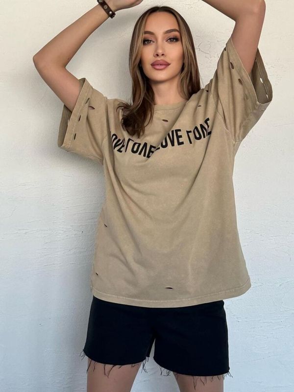 DStreet T-shirt damski z nadrukiem BONGANIR beżowy Dstreet