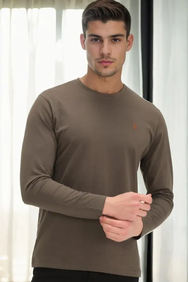 dewberry T9588 DEWBERRY BICYCLE COLLAR LONG SLEEVE T-SHIRT-KHAKI