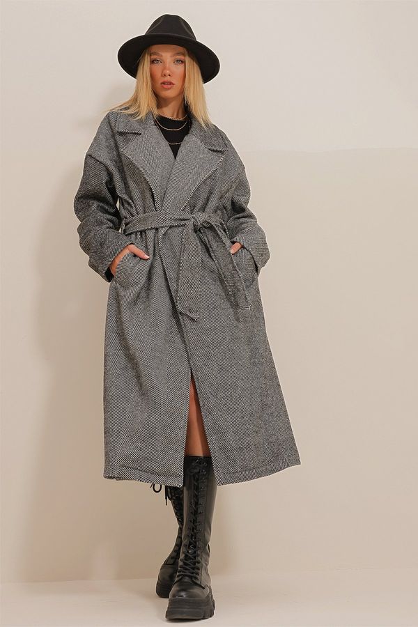 Trend Alaçatı Stili Тенденция Alaçatı Stili Дамски черен двуреден талията колан рибена кост шарени каше палто