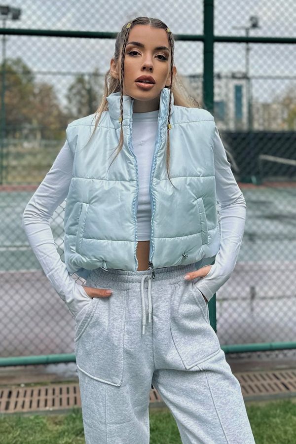 Trend Alaçatı Stili Тенденция Alaçatı Stili Дамски син стоящ яка двойни джобове напълно пълни надуваема жилетка с регулируема талия