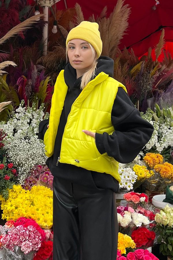 Trend Alaçatı Stili Тенденция Alaçatı Stili Дамски жълти стоящи яка двойни джобове напълно пълни надуваеми жилетка с регулируема талия