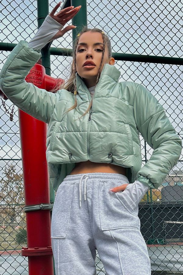 Trend Alaçatı Stili Тенденция Alaçatı Stili жените мента стойка яка двойно джоба надуваеми буферни палто с ластик