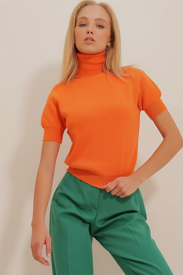 Trend Alaçatı Stili Тенденция Alaçatı Stili жените оранжево поло къс ръкав основен трикотаж пуловер