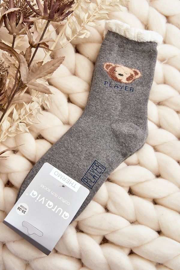 Kesi Thick cotton socks with teddy bear, grey