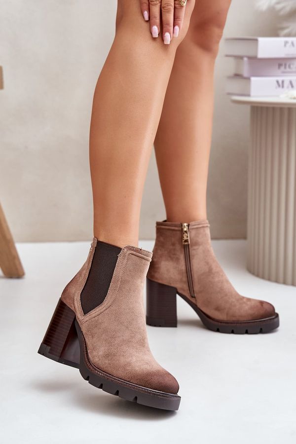 VINCEZA Топли дамски ботуши на ток от еко велур бежови Vinceza 58356