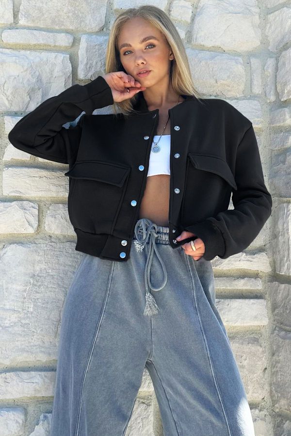 Trend Alaçatı Stili Trend Alaçatı Stili Дамски черен закопчалка двойно джобно яке