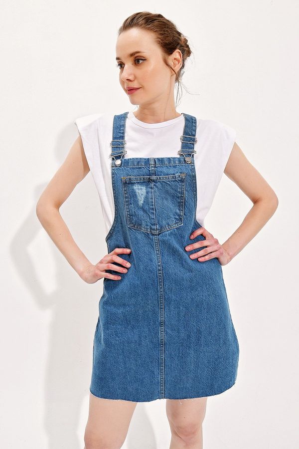 Trend Alaçatı Stili Trend Alaçatı Stili Дамски сини дънки без презрамки с джоб