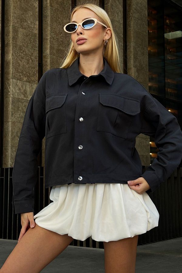 Trend Alaçatı Stili Trend Alaçatı Stili Women's Anthracite Snap Closure Waist Adjustable Double Pocket Gabardine Jacket