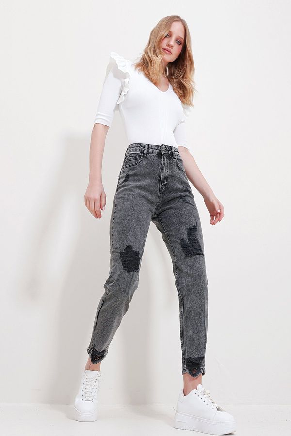 Trend Alaçatı Stili Trend Alaçatı Stili Women's Anthracite Snow Washed Mom Jeans