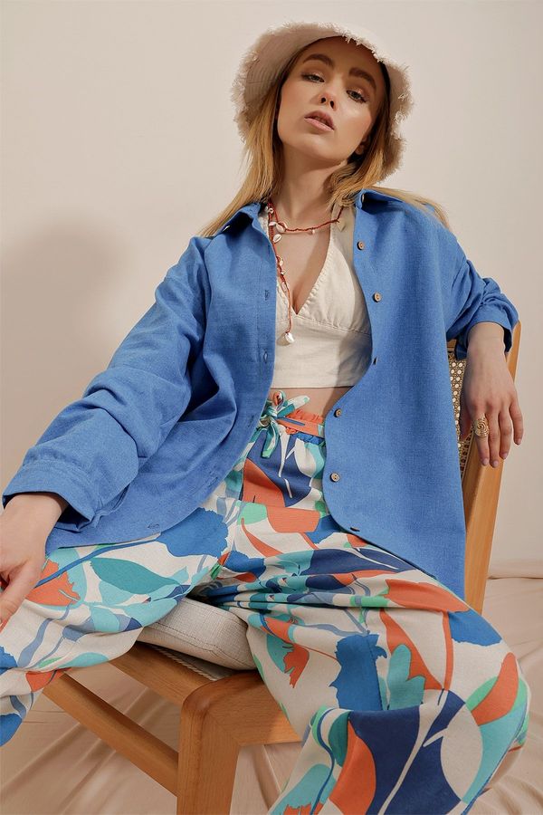 Trend Alaçatı Stili Trend Alaçatı Stili Women's Aviator Blue Oversized Linen Shirt