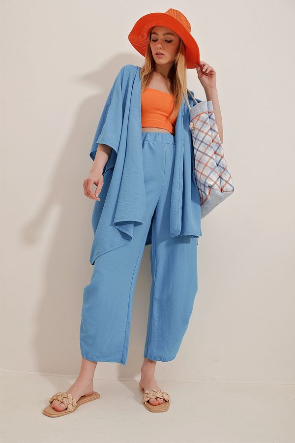 Trend Alaçatı Stili Trend Alaçatı Stili Women's Aviator Blue Trousers And Jacket Double Suit With Slit Legs, Textured