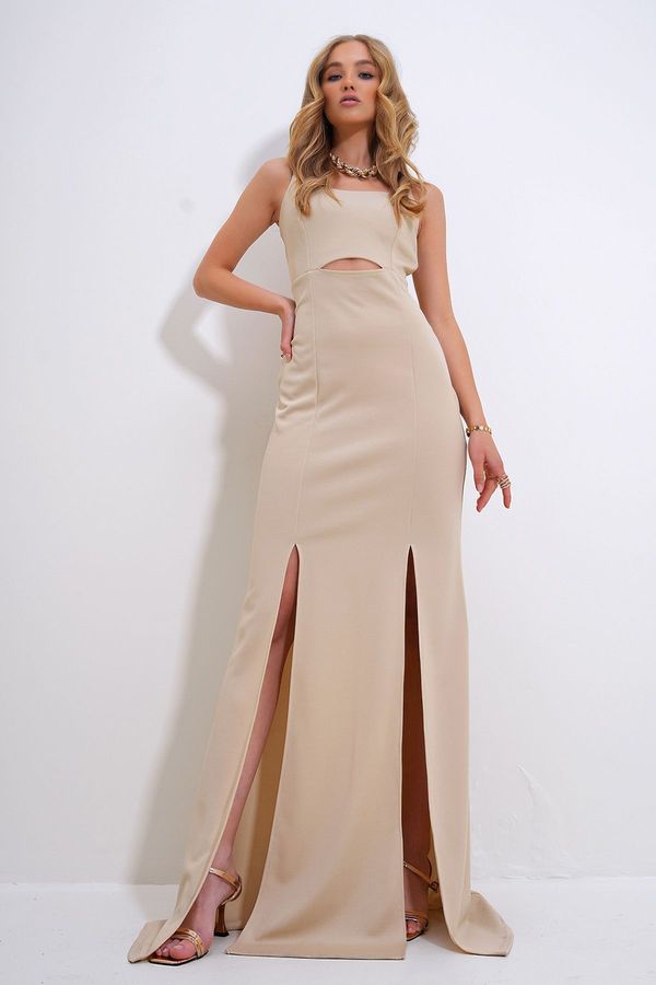 Trend Alaçatı Stili Trend Alaçatı Stili Women's Beige Adjustable Strap Out Cut Slit Graduation Dress