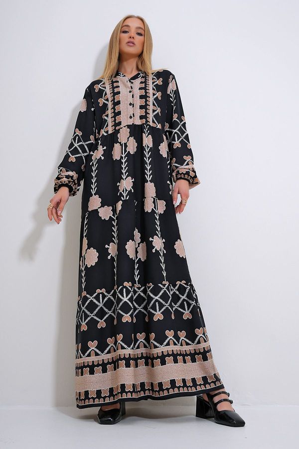 Trend Alaçatı Stili Trend Alaçatı Stili Women's Beige Collar Front Buttoned Patterned Woven Viscose Hijab Dress