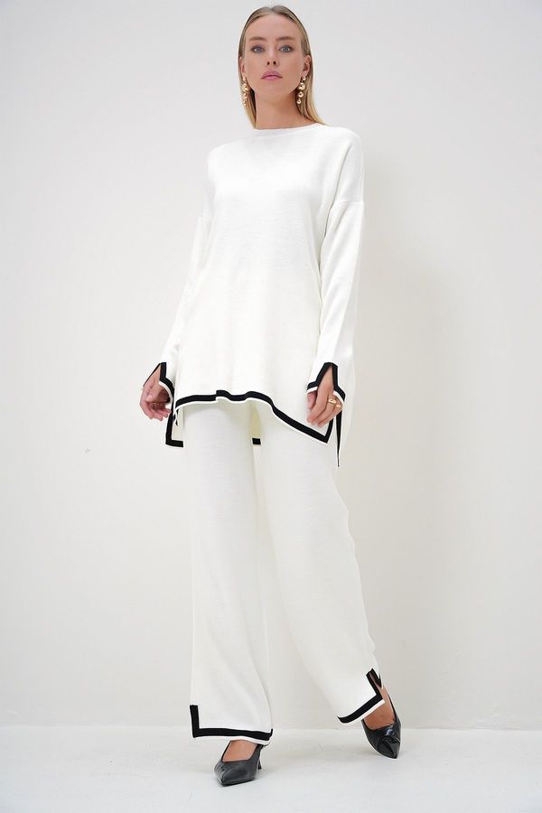 Trend Alaçatı Stili Trend Alaçatı Stili Women's Beige Crew Neck Stripe Detailed Knitwear Tunic and Trouser Set