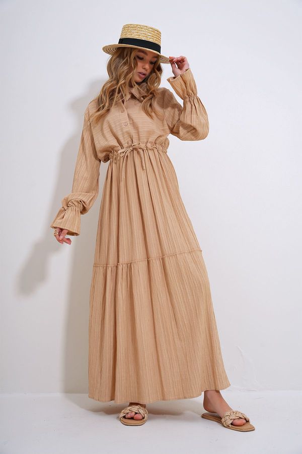 Trend Alaçatı Stili Trend Alaçatı Stili Women's Beige Shirt Buttoned Front Collar and Bellows Skirt Flounce Woven Hijab Dress