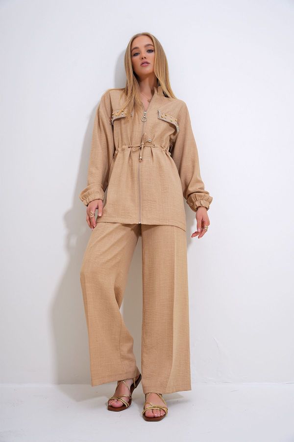 Trend Alaçatı Stili Trend Alaçatı Stili Women's Beige Stand Collar Zippered Stone Embroidered Belted Jacket & Palazzo Trousers Set