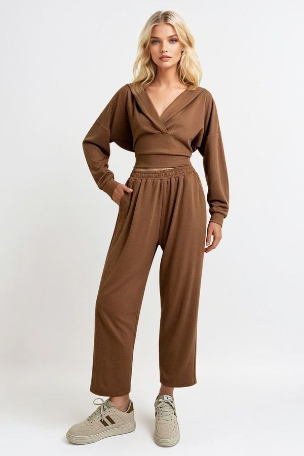 Trend Alaçatı Stili Trend Alaçatı Stili Women's Biscuit Hooded Double Breasted Loose Cut Seasonal Bottom and Top Set