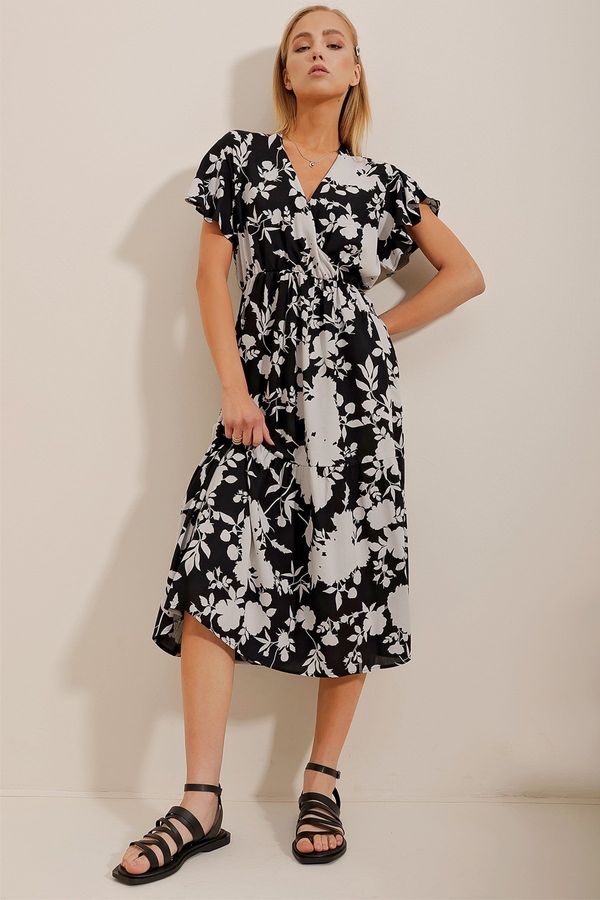 Trend Alaçatı Stili Trend Alaçatı Stili Women's Black and White Double Breasted Collar Skirt With Flounce Viscose Woven Dress