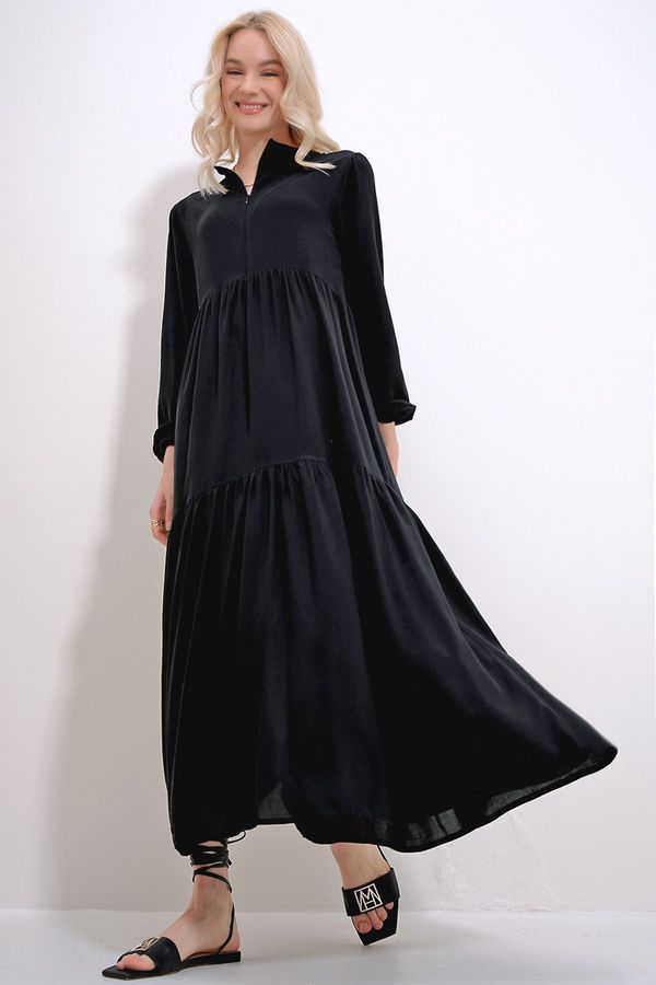 Trend Alaçatı Stili Trend Alaçatı Stili Women's Black Boat Neck Balloon Sleeve Layered Flounced Waist Belted Woven Viscose Dress