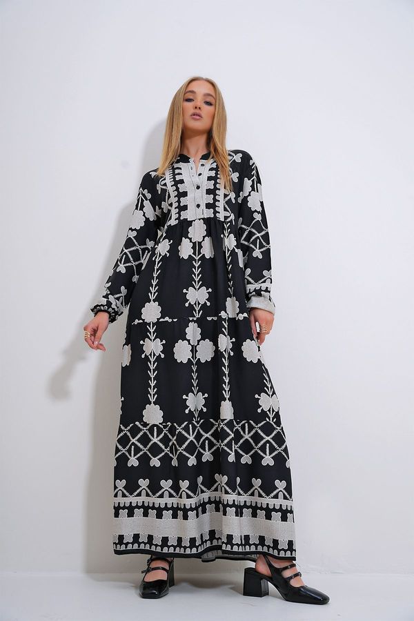 Trend Alaçatı Stili Trend Alaçatı Stili Women's Black Collar Front Buttoned Patterned Woven Viscose Hijab Dress