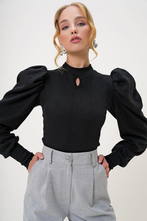 Trend Alaçatı Stili Trend Alaçatı Stili Women's Black Crew Neck Drop Neck Princess Sleeve Knitwear Blouse