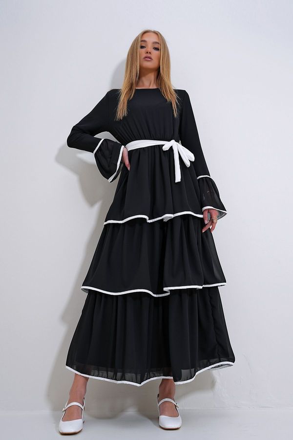 Trend Alaçatı Stili Trend Alaçatı Stili Women's Black Crew Neck Layered Flounce Inside Lined Hijab Chiffon Dress